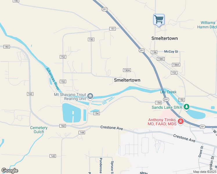 map of restaurants, bars, coffee shops, grocery stores, and more near 7580 County Road 150 in Salida
