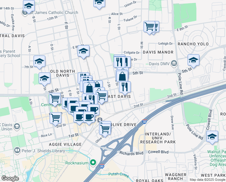map of restaurants, bars, coffee shops, grocery stores, and more near 336 J Street in Davis