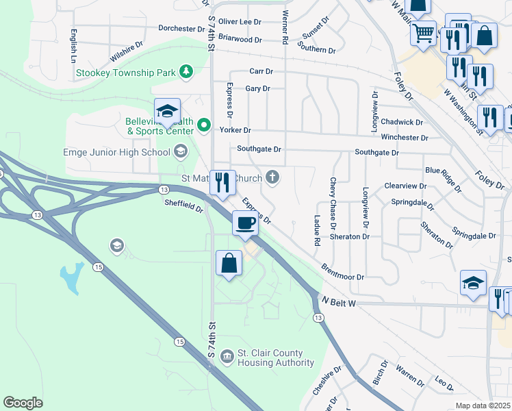 map of restaurants, bars, coffee shops, grocery stores, and more near 1221 Moreland Drive in Belleville