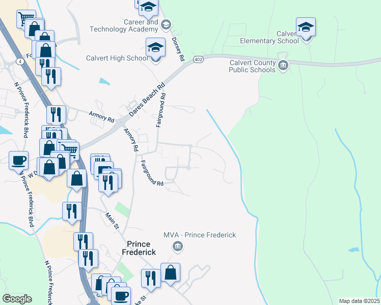 map of restaurants, bars, coffee shops, grocery stores, and more near Running Brook Way in Prince Frederick