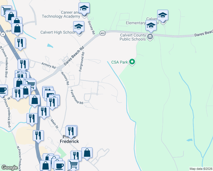 map of restaurants, bars, coffee shops, grocery stores, and more near 369 English Oak Lane in Prince Frederick