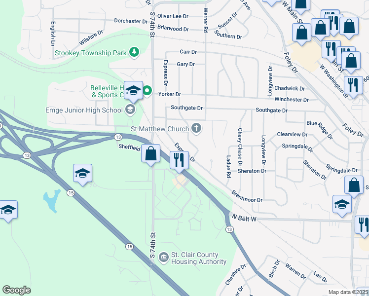 map of restaurants, bars, coffee shops, grocery stores, and more near 1221 Moreland Drive in Belleville