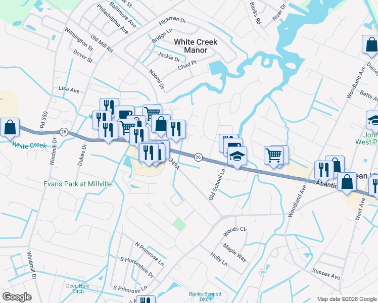 map of restaurants, bars, coffee shops, grocery stores, and more near 35761 Atlantic Avenue in Millville