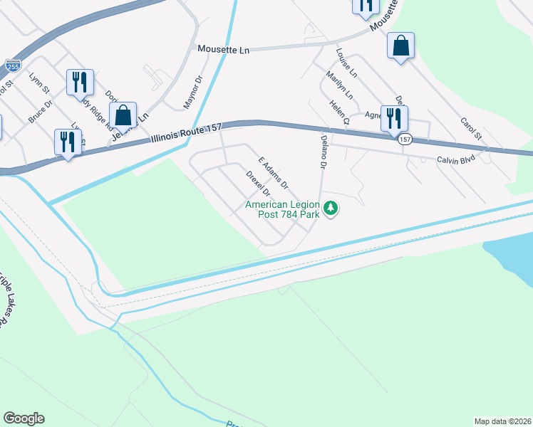 map of restaurants, bars, coffee shops, grocery stores, and more near 26 Westwood Drive in Cahokia