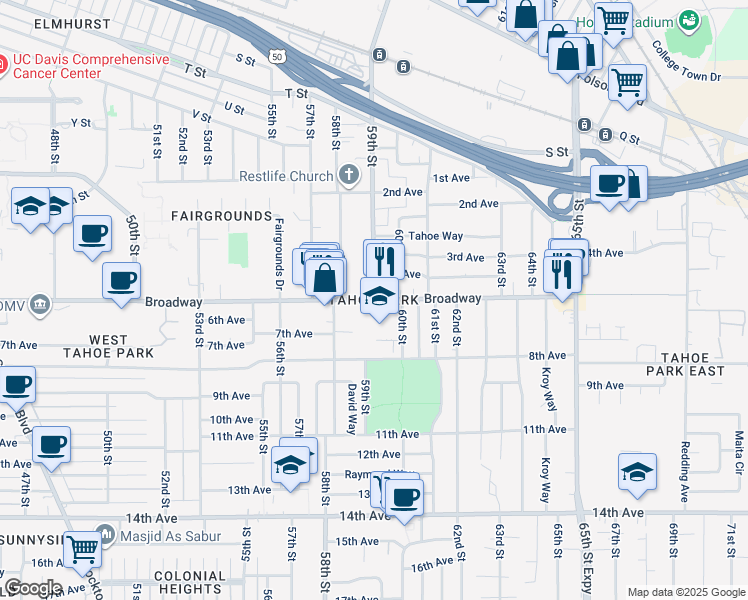 map of restaurants, bars, coffee shops, grocery stores, and more near Broadway & 59th Street in Sacramento