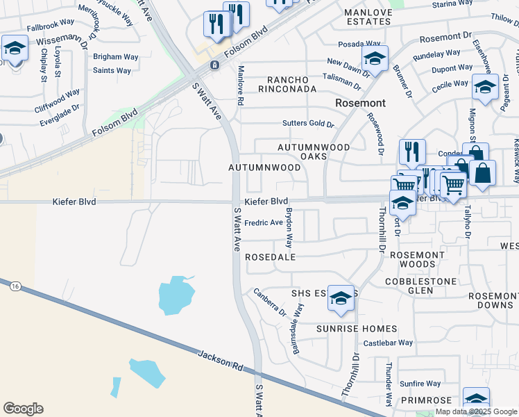 map of restaurants, bars, coffee shops, grocery stores, and more near 8912 Kiefer Boulevard in Sacramento