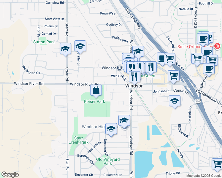 map of restaurants, bars, coffee shops, grocery stores, and more near in Windsor
