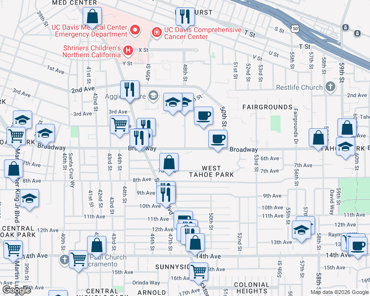 map of restaurants, bars, coffee shops, grocery stores, and more near 2998 49th Street in Sacramento