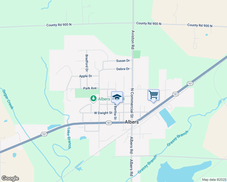 map of restaurants, bars, coffee shops, grocery stores, and more near 501 North Bertha Street in Albers