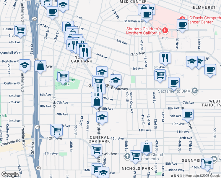 map of restaurants, bars, coffee shops, grocery stores, and more near 3915 Broadway in Sacramento