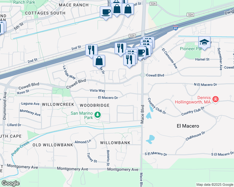 map of restaurants, bars, coffee shops, grocery stores, and more near 4336 Vista Way in Davis