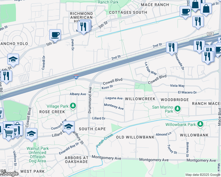 map of restaurants, bars, coffee shops, grocery stores, and more near 3446 Koso Street in Davis