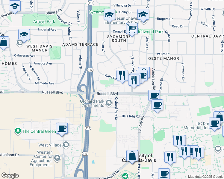 map of restaurants, bars, coffee shops, grocery stores, and more near 550 Oxford Circle in Davis