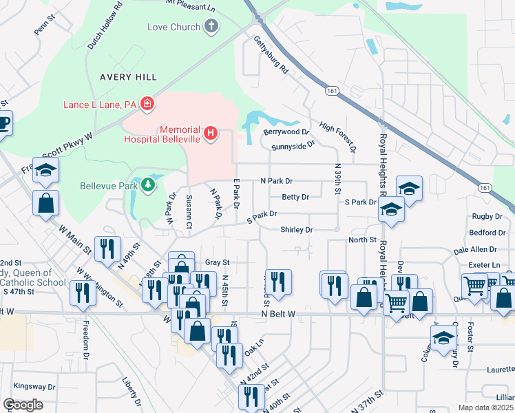 map of restaurants, bars, coffee shops, grocery stores, and more near 511 North 44th Street in Belleville