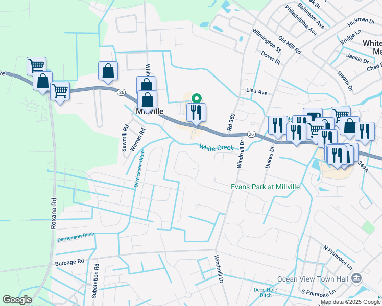 map of restaurants, bars, coffee shops, grocery stores, and more near 36408 Ridgeshore Lane in Millville