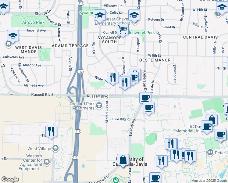 map of restaurants, bars, coffee shops, grocery stores, and more near 541 Oxford Circle in Davis