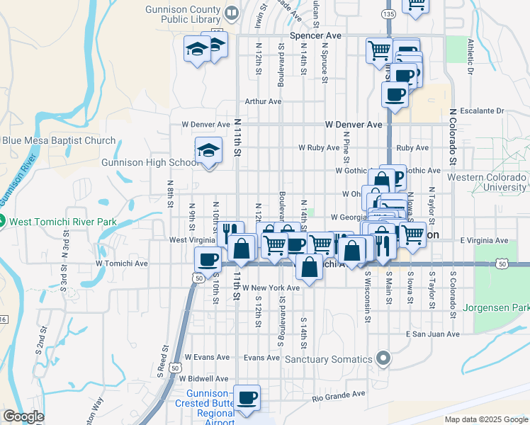 map of restaurants, bars, coffee shops, grocery stores, and more near 309 N 12th St in Gunnison