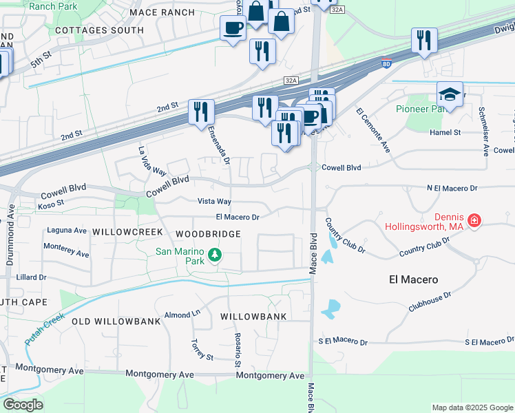map of restaurants, bars, coffee shops, grocery stores, and more near 4336 Vista Way in Davis
