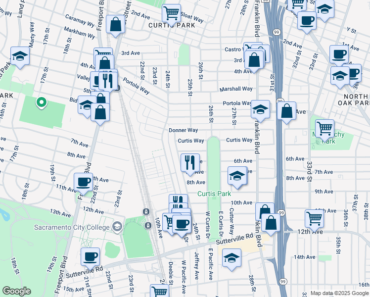 map of restaurants, bars, coffee shops, grocery stores, and more near 2433 Montgomery Way in Sacramento