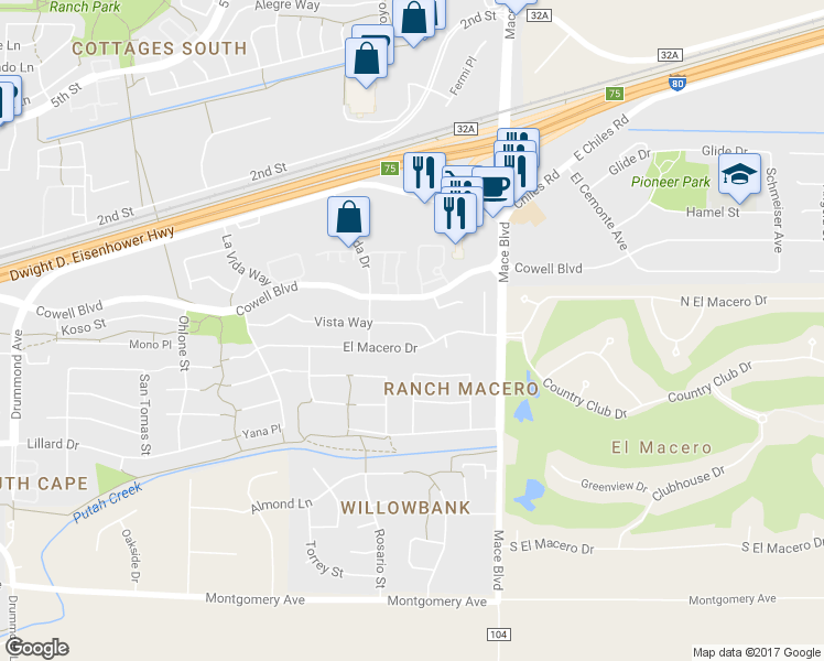 map of restaurants, bars, coffee shops, grocery stores, and more near 4336 Vista Way in Davis
