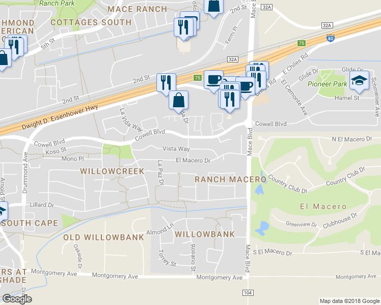 map of restaurants, bars, coffee shops, grocery stores, and more near 4300 Vista Way in Davis