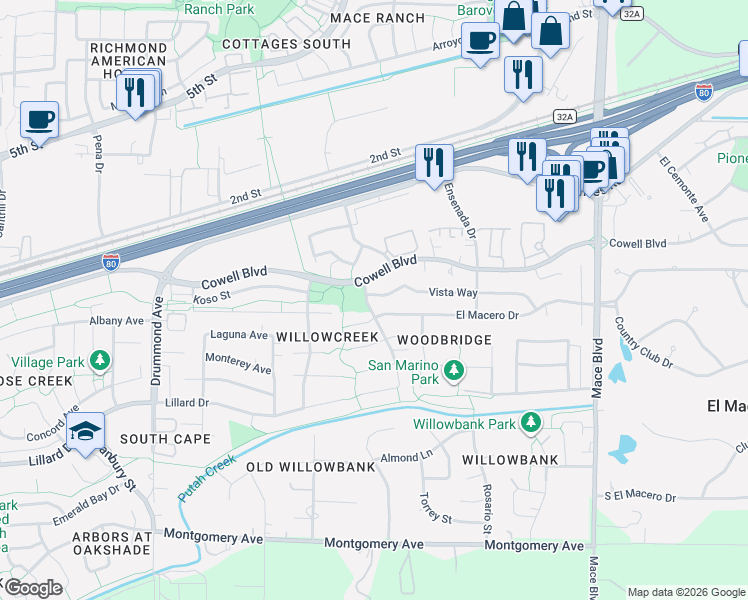 map of restaurants, bars, coffee shops, grocery stores, and more near 4018 Vista Way in Davis