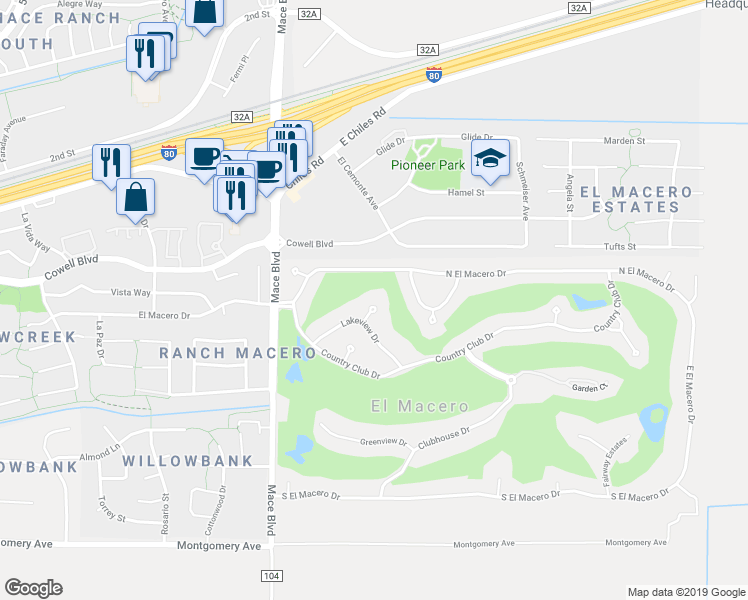 map of restaurants, bars, coffee shops, grocery stores, and more near 44204 Lakeview Drive in El Macero