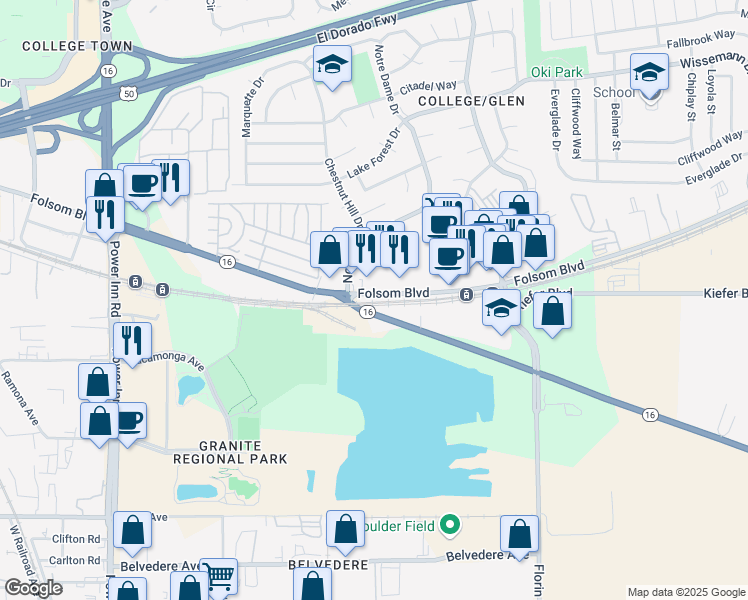 map of restaurants, bars, coffee shops, grocery stores, and more near 8322 Folsom Boulevard in Sacramento