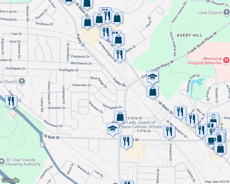 map of restaurants, bars, coffee shops, grocery stores, and more near 101 Blue Ridge Drive in Belleville