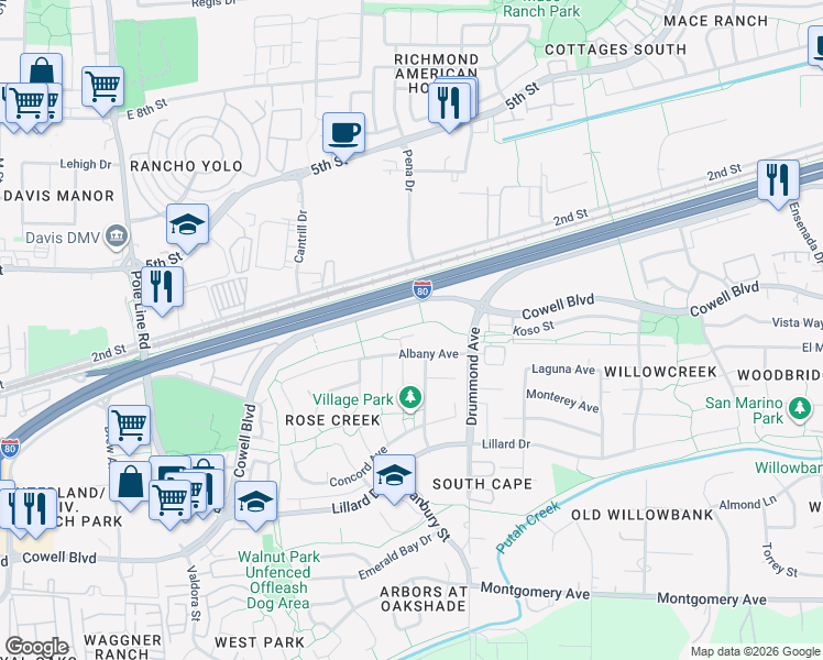 map of restaurants, bars, coffee shops, grocery stores, and more near 613 Benbow Court in Davis