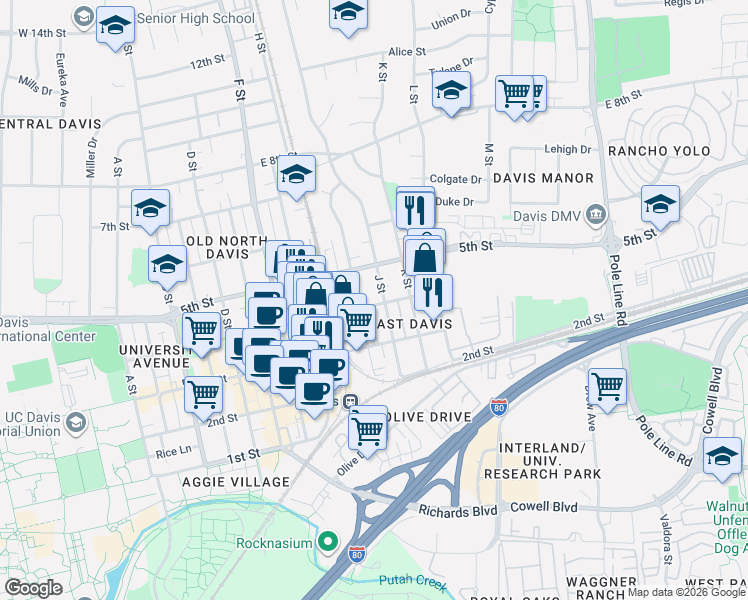 map of restaurants, bars, coffee shops, grocery stores, and more near 402 I Street in Davis