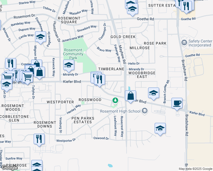 map of restaurants, bars, coffee shops, grocery stores, and more near 9400 North Kiefer Boulevard in Sacramento