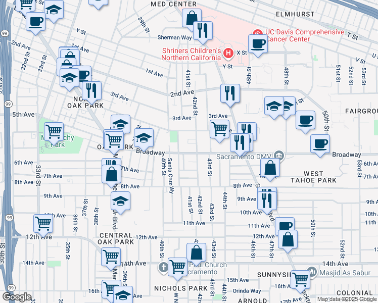 map of restaurants, bars, coffee shops, grocery stores, and more near 4177 Broadway in Sacramento