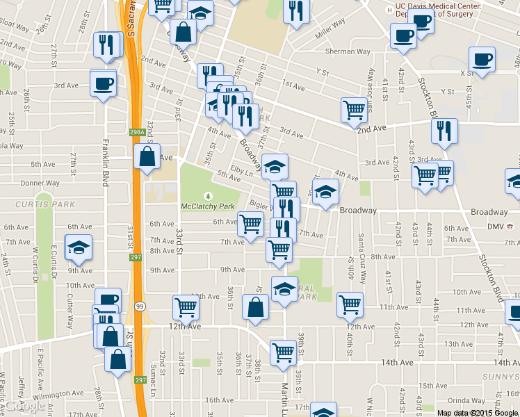 map of restaurants, bars, coffee shops, grocery stores, and more near 3700 Bigler Way in Sacramento