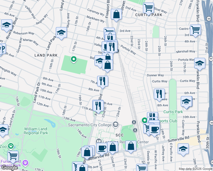 map of restaurants, bars, coffee shops, grocery stores, and more near 2106 6th Avenue in Sacramento