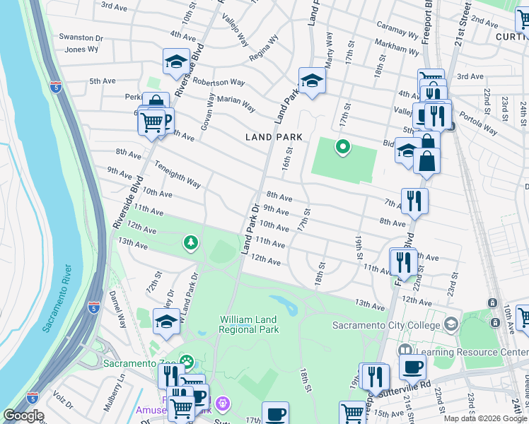 map of restaurants, bars, coffee shops, grocery stores, and more near in Sacramento
