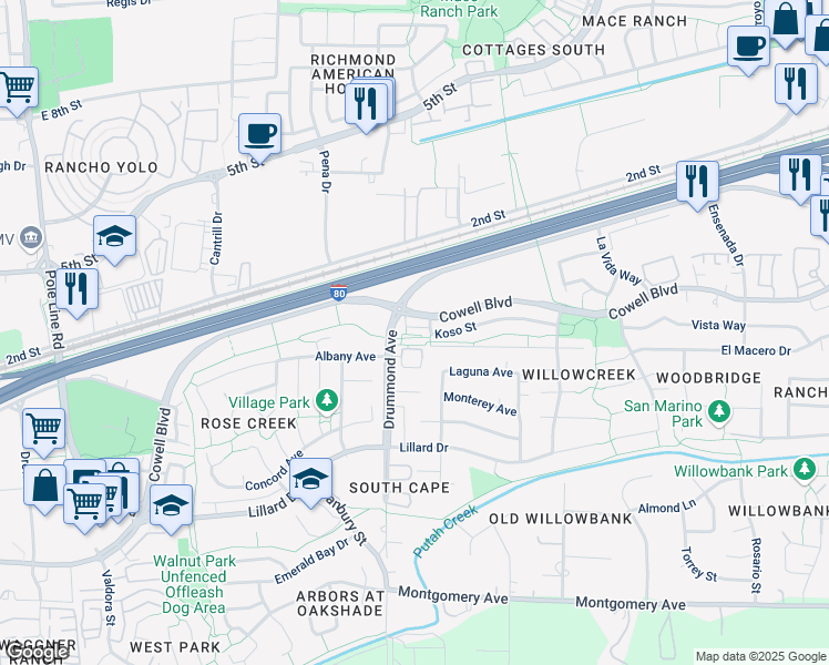 map of restaurants, bars, coffee shops, grocery stores, and more near 524 Drummond Avenue in Davis