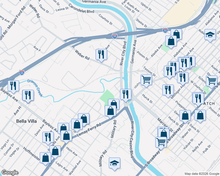 map of restaurants, bars, coffee shops, grocery stores, and more near 200 Pardella Avenue in St. Louis