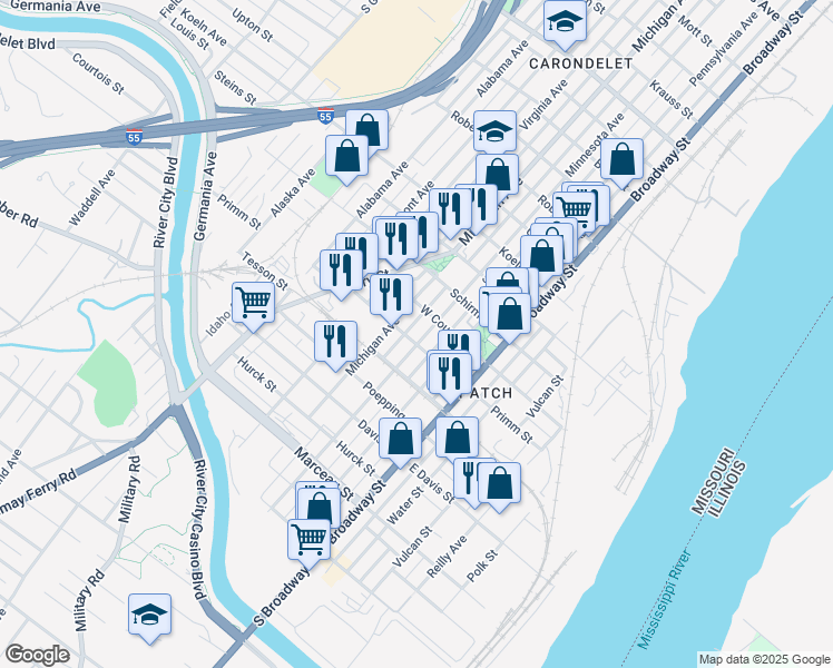 map of restaurants, bars, coffee shops, grocery stores, and more near 7823 Minnesota Avenue in St. Louis