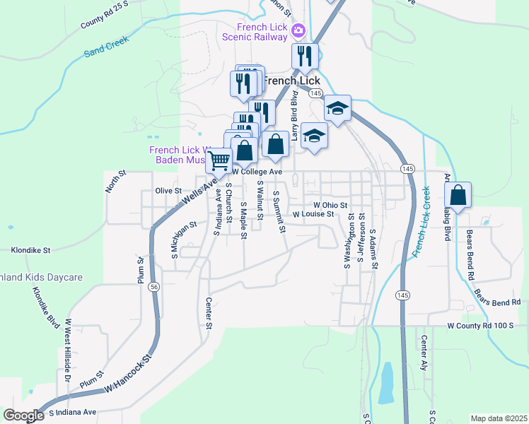 map of restaurants, bars, coffee shops, grocery stores, and more near 618 South Walnut Street in French Lick