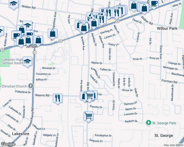 map of restaurants, bars, coffee shops, grocery stores, and more near 9561 Lydell Drive in Affton
