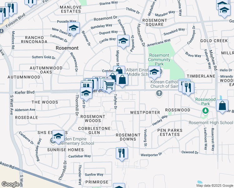 map of restaurants, bars, coffee shops, grocery stores, and more near 9216 Kiefer Boulevard in Sacramento