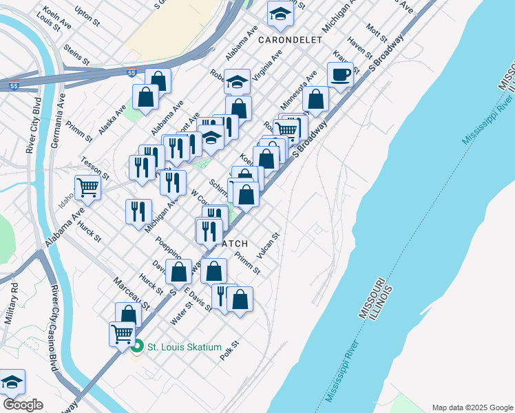 map of restaurants, bars, coffee shops, grocery stores, and more near 7610 South Broadway in St. Louis
