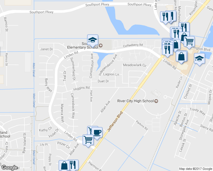 map of restaurants, bars, coffee shops, grocery stores, and more near 2555 Higgins Road in West Sacramento