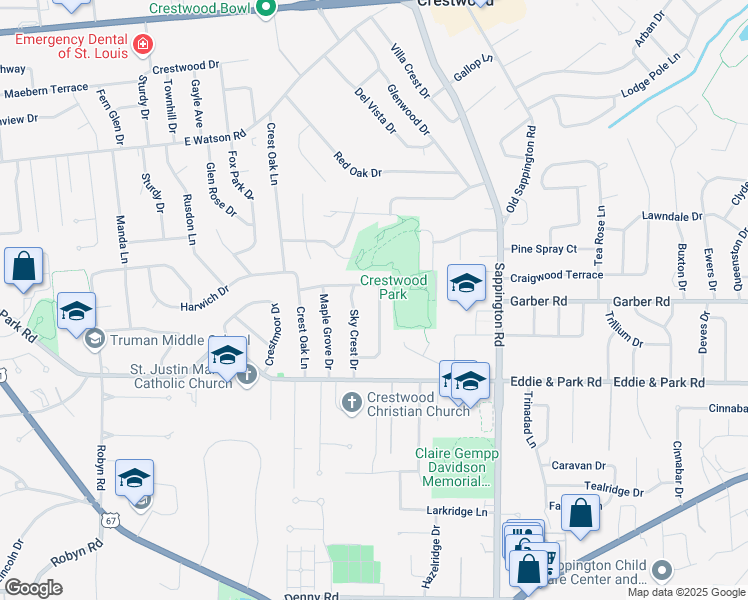 map of restaurants, bars, coffee shops, grocery stores, and more near 9011 Laurel Crest Drive in St. Louis