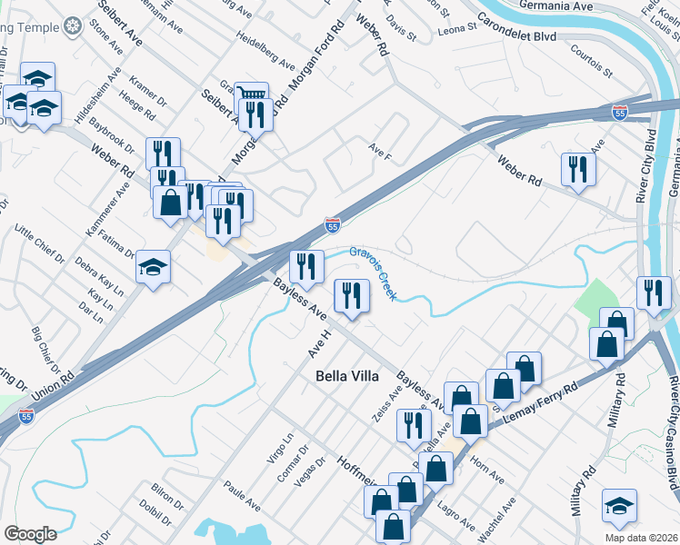 map of restaurants, bars, coffee shops, grocery stores, and more near 630 Majesty Court in St. Louis