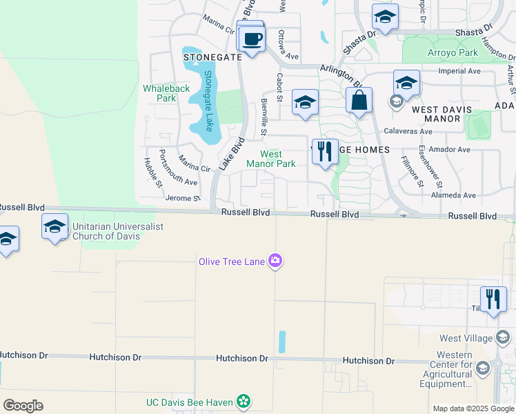 map of restaurants, bars, coffee shops, grocery stores, and more near 2909 Russell Boulevard in Davis