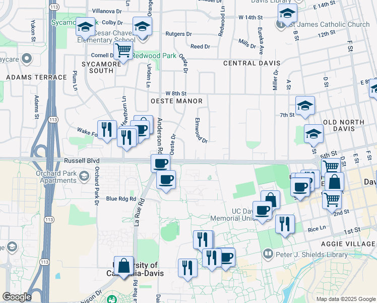 map of restaurants, bars, coffee shops, grocery stores, and more near 520 South Campus Way in Davis