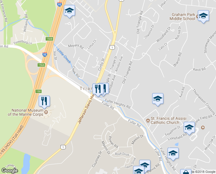 map of restaurants, bars, coffee shops, grocery stores, and more near 18619 Triangle Street in Triangle
