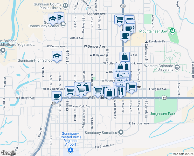 map of restaurants, bars, coffee shops, grocery stores, and more near 400 West Georgia Avenue in Gunnison
